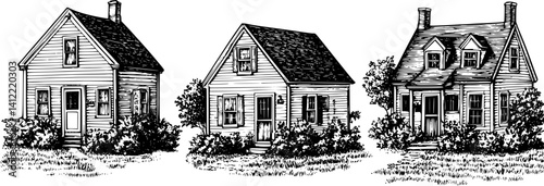 3 Pieces of Cape Cod style Houses designs, Cape Cod style Houses vector graphic