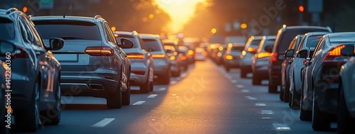 Obraz na płótnie A traffic jam on the highway with cars in line, the sun shining behind them. w salonie