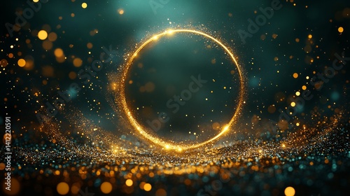 yellow circle green gradient background adorned with gold confetti and sparkling dots. 
