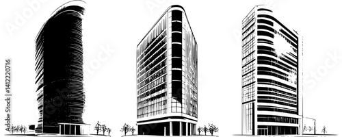 3 Pieces of Contemporary style Office buildings designs, Contemporary style Office buildings vector graphic