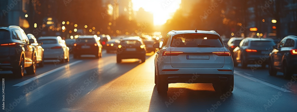 A traffic jam on the highway with cars in line, the sun shining behind them.