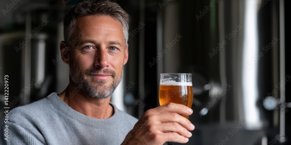 A man holds a glass of beer, smiling warmly, with brewing equipment in the background, capturing a moment of enjoyment in a brewery setting.