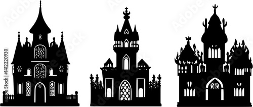 3 Pieces of Gothic style Mansions designs, Gothic style Mansions vector graphic
