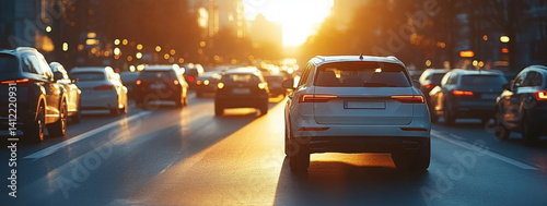 Obraz na płótnie A traffic jam on the highway with cars in line, the sun shining behind them. w salonie