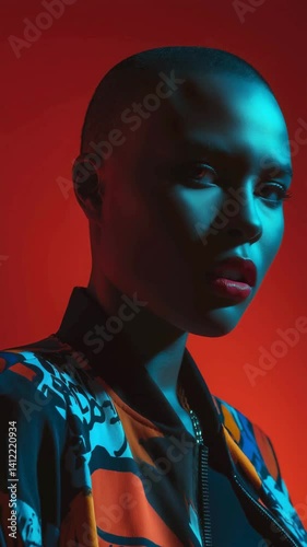 urban streetwear model with shaved head lipstick red background night blue neon light fashion beauty hairstyle social media vertical format moody