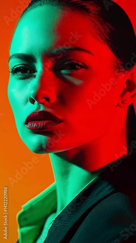 serious businesswoman wearing a suit red green orange neon light lipstick
