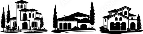 3 Pieces of Mediterranean style Vineyard houses designs, Mediterranean style Vineyard houses vector graphic