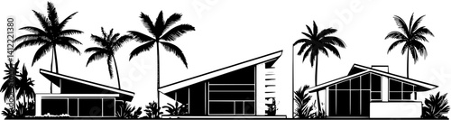3 Pieces of Mid-Century Modern style Houses designs, Mid-Century Modern style Houses vector graphic