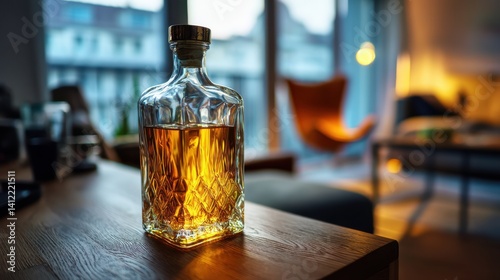 A beautifully illuminated glass bottle of whiskey sits on a wooden table in a cozy, modern living space.
