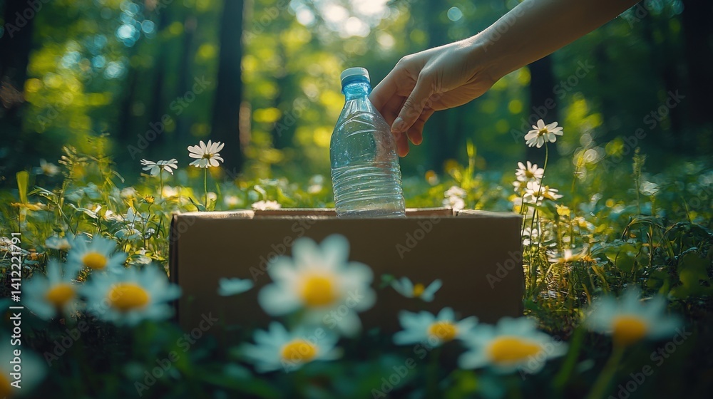 A woman's hand places a plastic bottle in a cardboard box for recycling, with a green forest and grass background, representing the concept of World Environment Day.