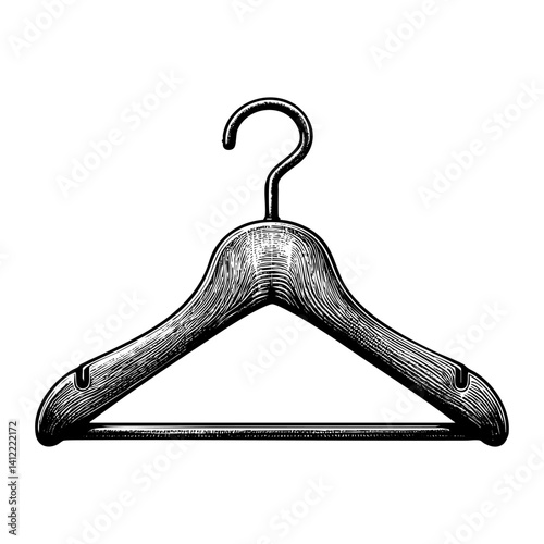 Wooden hanger sketch engraving black and white outline. Scratch board imitation.  illustrated in vintage line art style on a white background.
