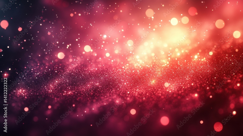 Abstract dark blue and gold glitter background with bokeh lights, golden dust particles, defocused glowing effect on a black night sky. Christmas and New Year concept. Shiny light effects,