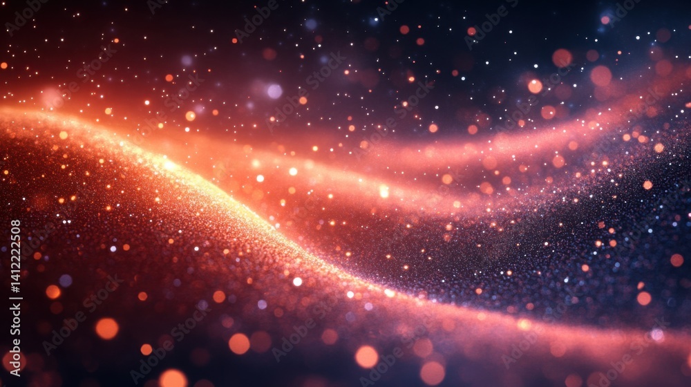 Abstract dark blue and gold glitter background with bokeh lights, golden dust particles, defocused glowing effect on a black night sky. Christmas and New Year concept. Shiny light effects,