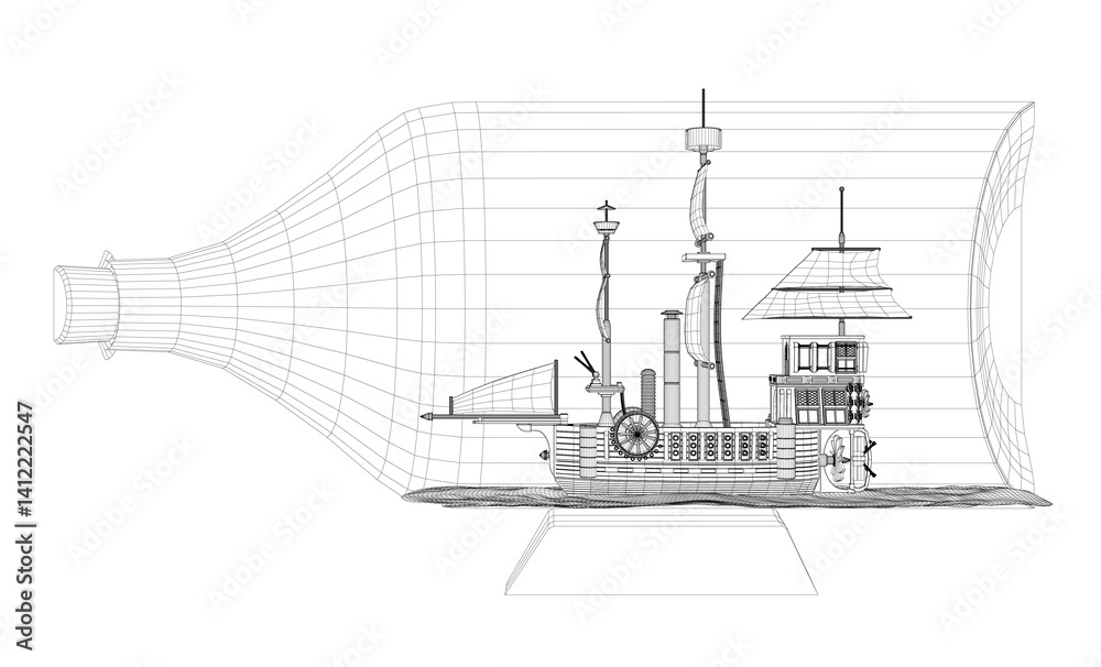 A ship is shown with a bottle on the side. The ship is a large boat with a lot of detail. The bottle is on the side of the ship and is not the main focus of the image A ship is shown with a bottle on the side. The ship is a large boat with a lot of detail. The bottle is on the side of the ship and is not the main focus of the image