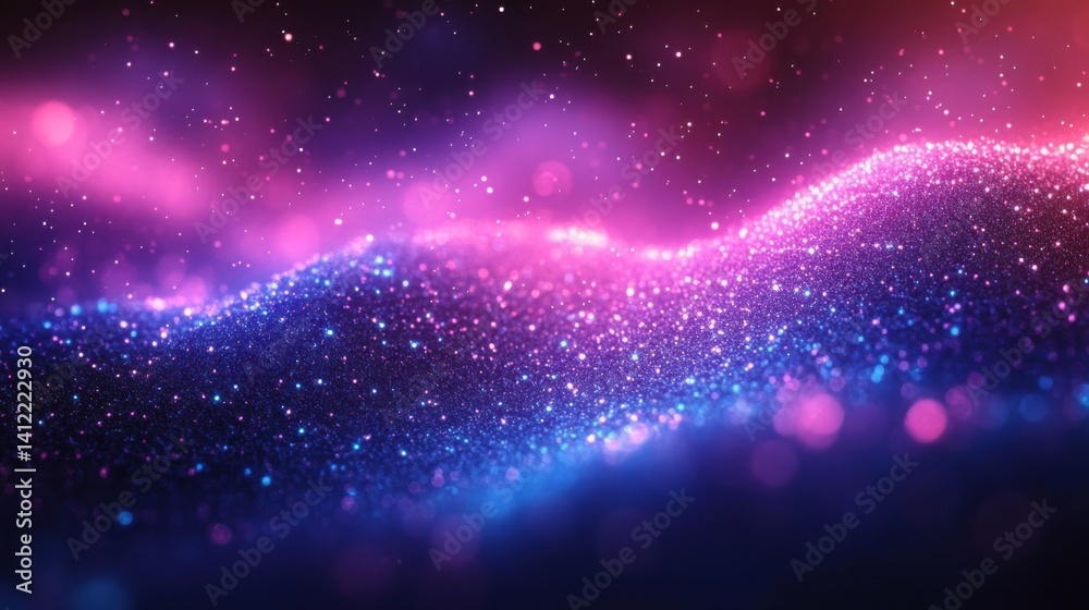 Abstract dark blue and gold glitter background with bokeh lights, golden dust particles, defocused glowing effect on a black night sky. Christmas and New Year concept. Shiny light effects,