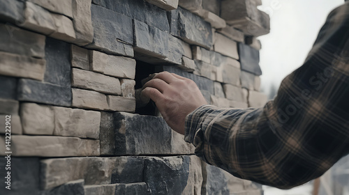Mason applying finishing touches to a stone fireplace. Featuring fireplace construction