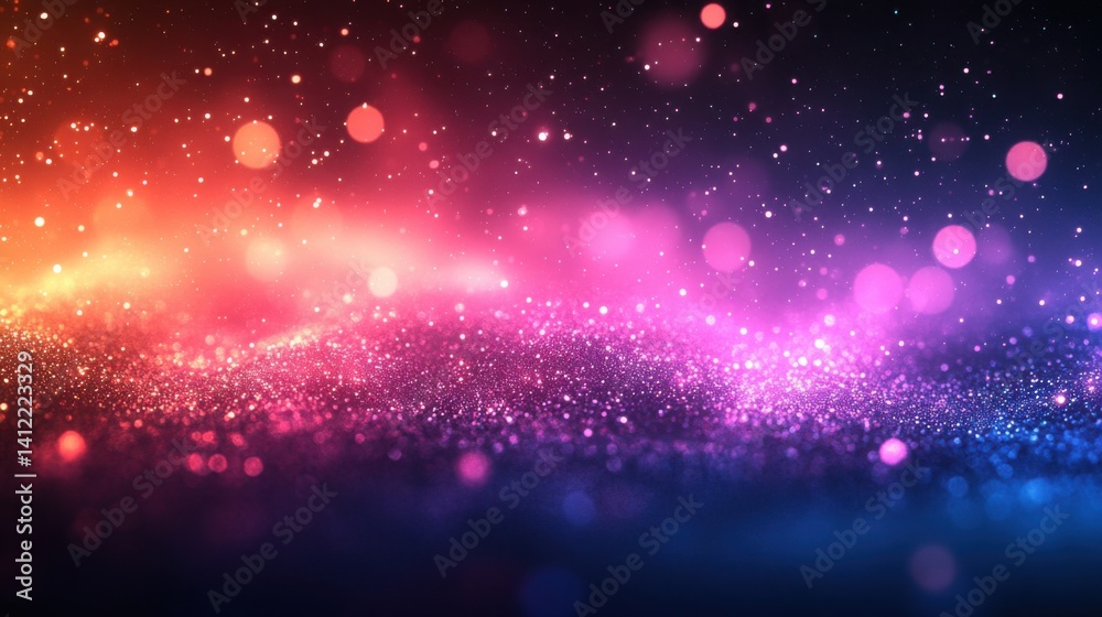 Abstract dark blue and gold glitter background with bokeh lights, golden dust particles, defocused glowing effect on a black night sky. Christmas and New Year concept. Shiny light effects,