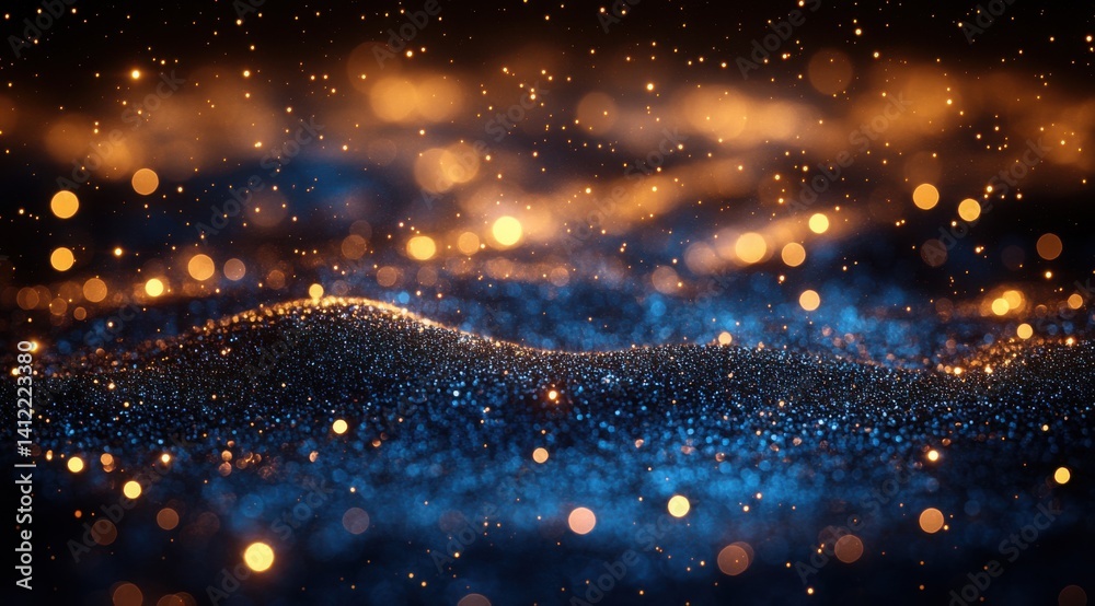 Abstract dark blue and gold glitter background with bokeh lights, golden dust particles, defocused glowing effect on a black night sky. Christmas and New Year concept. Shiny light effects,