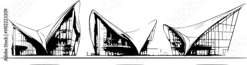 3 Pieces of Contemporary style Convention centers designs, Contemporary style Convention centers vector image