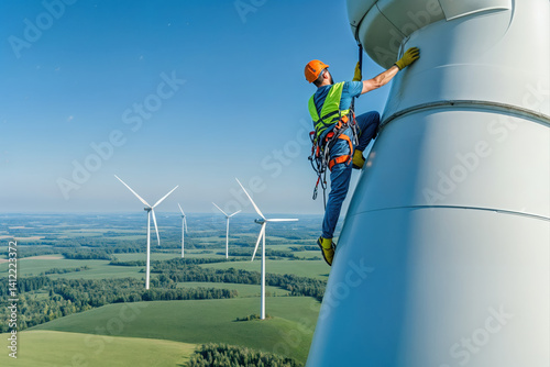 Engineer climbing wind turbine for maintenance with green fields below