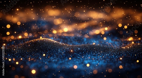 Obraz na płótnie Abstract dark blue and gold glitter background with bokeh lights, golden dust particles, defocused glowing effect on a black night sky. Christmas and New Year concept. Shiny light effects, w salonie