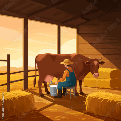 Farmer Milking Cow in Barn at Sunset Rural Scene