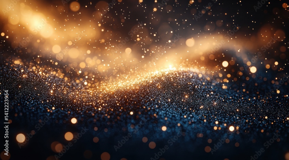 Abstract dark blue and gold glitter background with bokeh lights, golden dust particles, defocused glowing effect on a black night sky. Christmas and New Year concept. Shiny light effects,