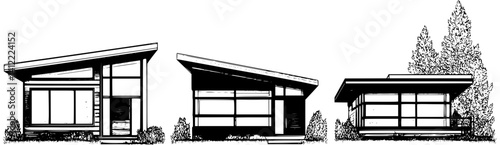 3 Pieces of Mid-Century Modern style Houses designs, Mid-Century Modern style Houses vector image