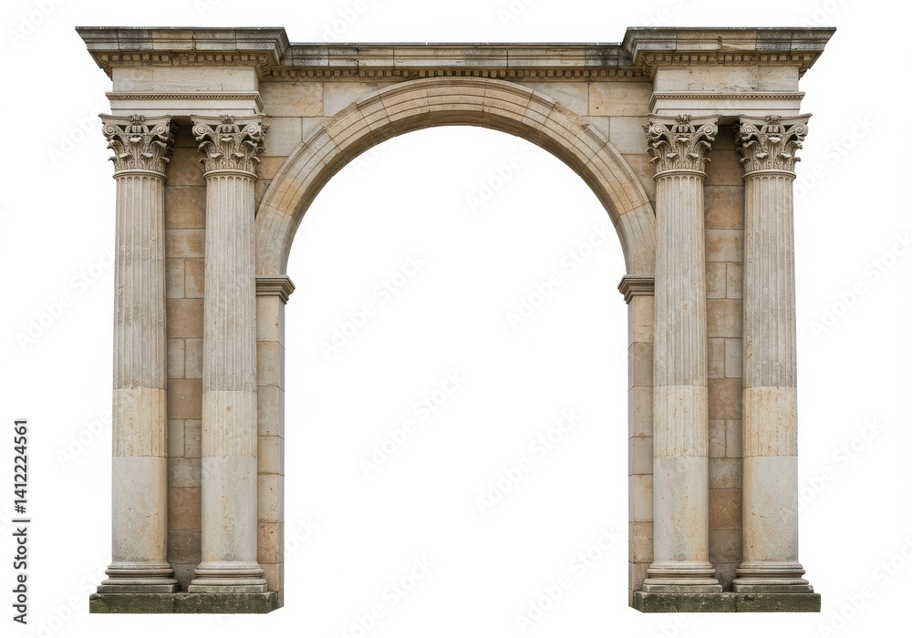Obraz premium Architectural stone archway with corinthian columns against a plain white background is presented here
