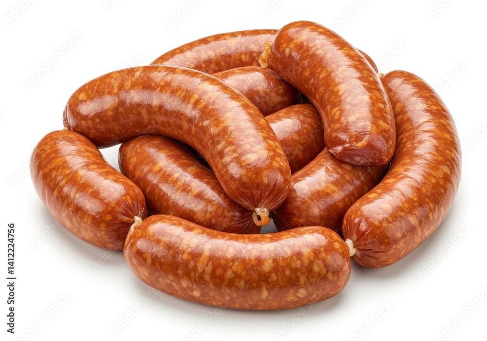 A pile of cooked sausages arranged together on a white surface in a studio setting for food photography A pile of cooked sausages arranged together on a white surface in a studio setting for food photography