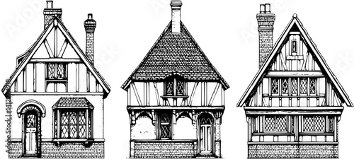 3 Pieces of Tudor style Almshouses designs, Tudor style Almshouses vector image