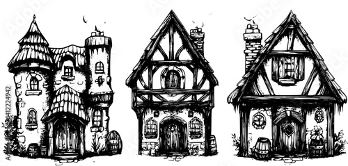 3 Pieces of Tudor style Taverns designs, Tudor style Taverns vector image