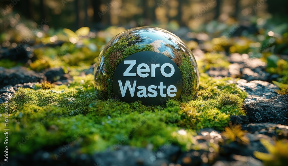 An eco-friendly background with the Earth and green grass,. A third transparent circle contains the text