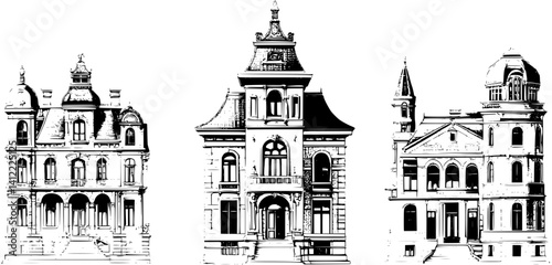 3 Pieces of Victorian style Courthouses designs, Victorian style Courthouses vector image