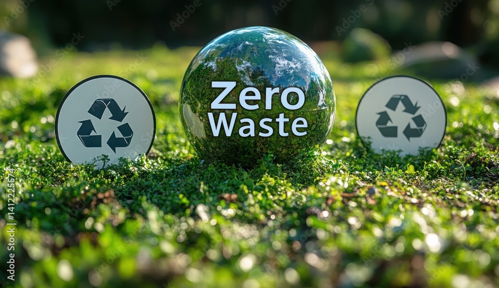 An eco-friendly background with the Earth and green grass,. A third transparent circle contains the text