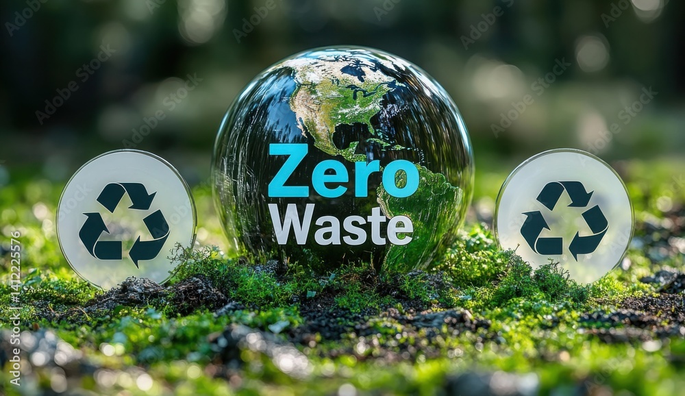 An eco-friendly background with the Earth and green grass,. A third transparent circle contains the text
