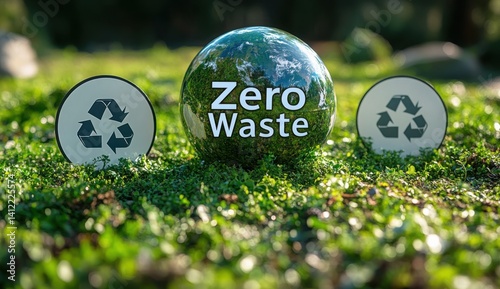 Obraz na płótnie An eco-friendly background with the Earth and green grass,. A third transparent circle contains the text