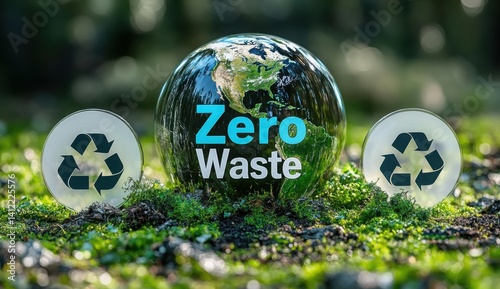 Obraz na płótnie An eco-friendly background with the Earth and green grass,. A third transparent circle contains the text