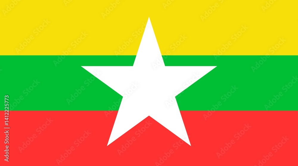Sovereign state flag of country of Myanmar in official colors. Illustration of Myanmar flag. Myanmar flag
Sovereign state flag of country of Myanmar in official colors. Illustration of Myanmar flag. Myanmar flag