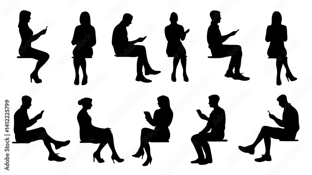 set of sitting people man woman silhouette vector on white background set of sitting people man woman silhouette vector on white background