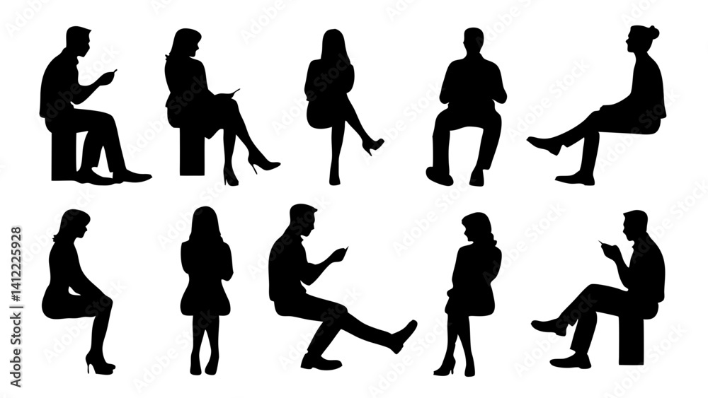Obraz premium set of sitting people man woman silhouette vector on white background