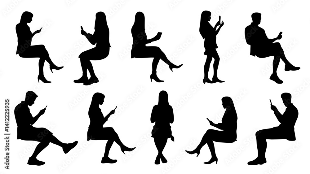 set of sitting people man woman silhouette vector on white background set of sitting people man woman silhouette vector on white background