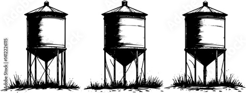 3 Pieces of Farmhouse style Water towers designs, Farmhouse style Water towers vector illustration