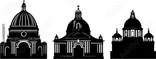 3 Pieces of Baroque style Churches designs, Baroque style Churches vector illustration