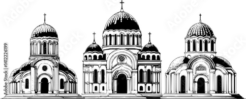 3 Pieces of Baroque style Monasteries designs, Baroque style Monasteries vector illustration
