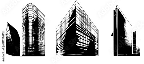 3 Pieces of Contemporary style Office buildings designs, Contemporary style Office buildings vector illustration