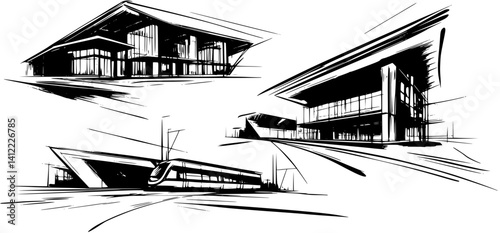 3 Pieces of Contemporary style Transit hubs designs, Contemporary style Transit hubs vector illustration