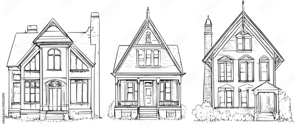 Obraz premium 3 Pieces of Craftsman style Schoolhouses designs, Craftsman style Schoolhouses vector illustration