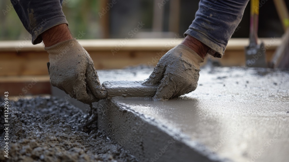Mason smoothing concrete for a foundation. Featuring attention to detail and technique Mason smoothing concrete for a foundation. Featuring attention to detail and technique