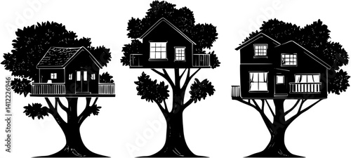 3 Pieces of Craftsman style Treehouses designs, Craftsman style Treehouses vector illustration